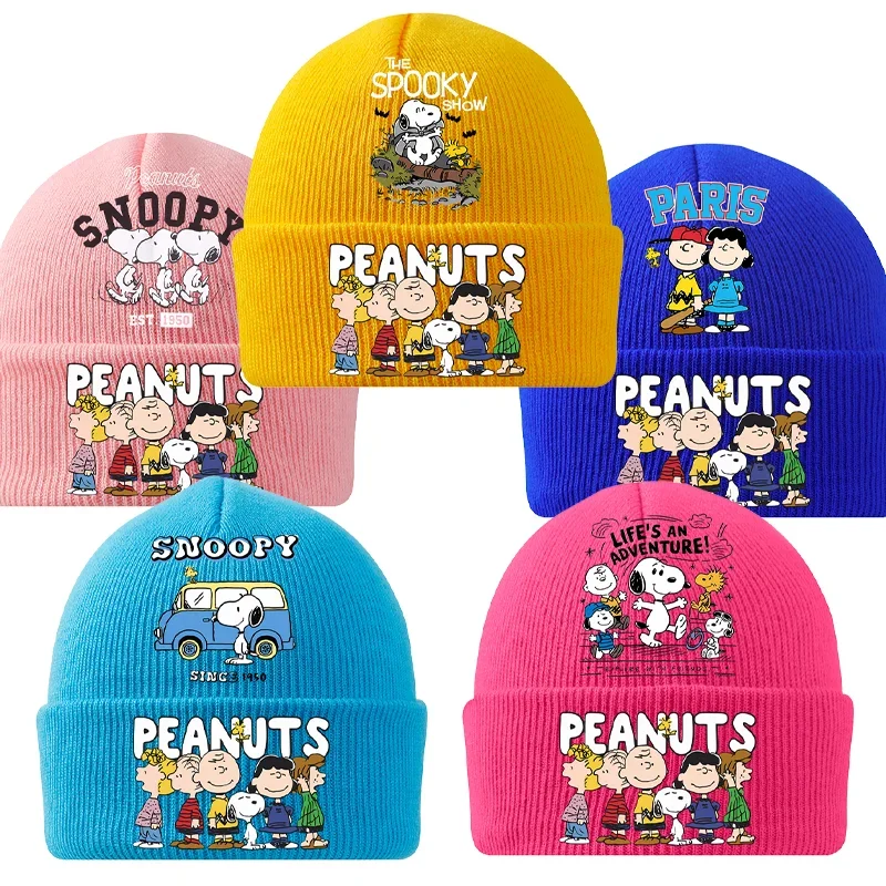 スヌーピー防風ニット帽子アウトドアベビービーニー快適な冬暖かいつばなしキャップカジュアルビーニー漫画ウールボンネット幼児キャップ