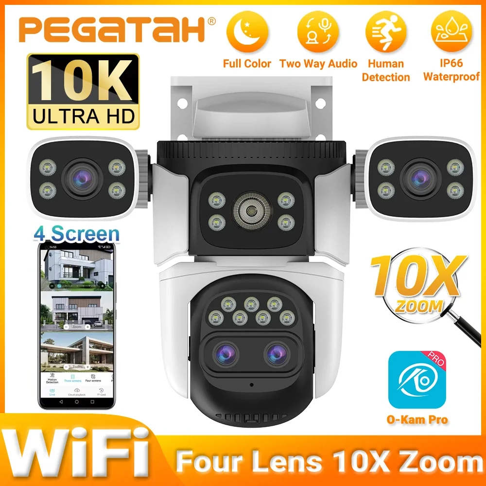 

PEGATAH 20MP Four Lens Four Screens WiFi Security Camera Outdoor 10X Optical Zoom Human Auto Tracking Waterproof CCTV Cameras