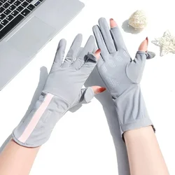 Summer Anti-sunburn Sunscreen Gloves Women Thin Ice Silk  Dew Finger Touch Screen Driving Riding Non-slip Breathable UPF 50