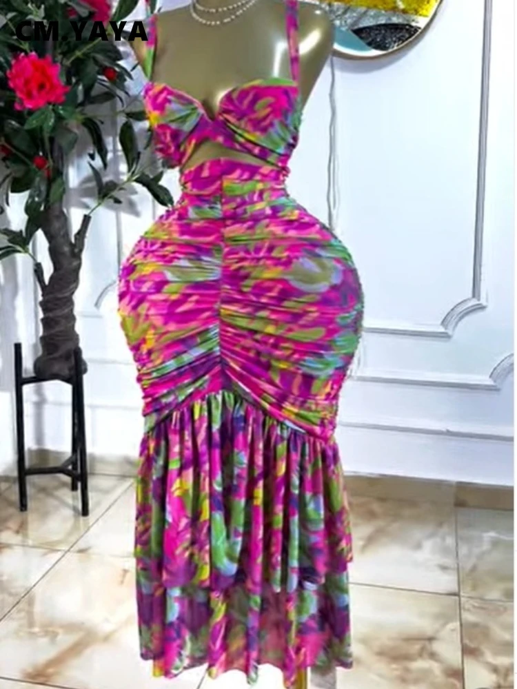 Vestido Midi CM.YAYA 2026 para Mujer, Estampado Floral Tropical, con Aberturas, Volantes y Fruncido, Elegante, para Fiesta de Cumpleaños, Club, Cóctel, Verano