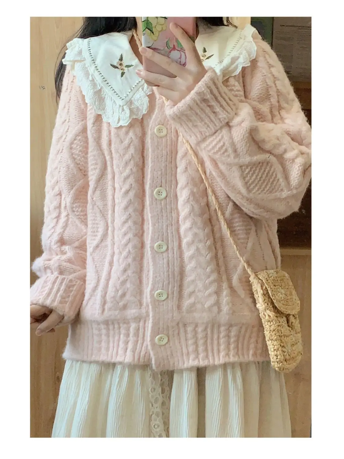 Onalippa Fashion Woman Early Spring Y2K Japanese Pink Floral Petite 2024 New Sweet Gentle Style Knitted Cardigan Top