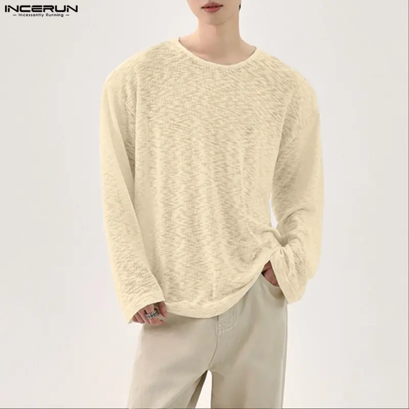 

INCERUN Мужская футболка сплошной цвет с круглым вырезом и длинным рукавом в корейском стиле Мужские футболки Уличная одежда Свободные 2025 Модная повседневная мужская одежда
