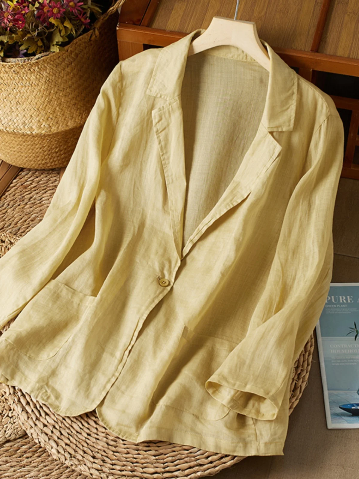 예술적 순수 컬러 린넨 얇은 겉옷 긴 소매 여성용 루즈핏 가디건 봄 가을 탑 자외선 차단 셔츠