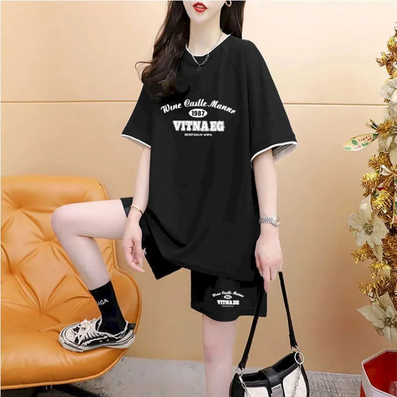 

Sporty Shorts Sets Short Sleeve O-neck Printed T-Shirts Casual Short Pants Summer Loose Korean Style 2 Piece Sets Women Outfits