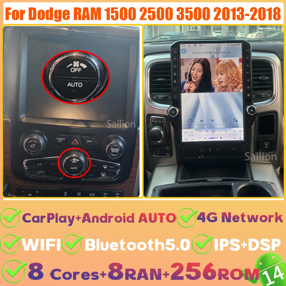 14.5 Inch Qualcomm Voor Dodge RAM 1500 2500 3500 2013-2018 Autoradio Android 15 Carplay Auto Scherm 4G Stereo GPS Video Speler
