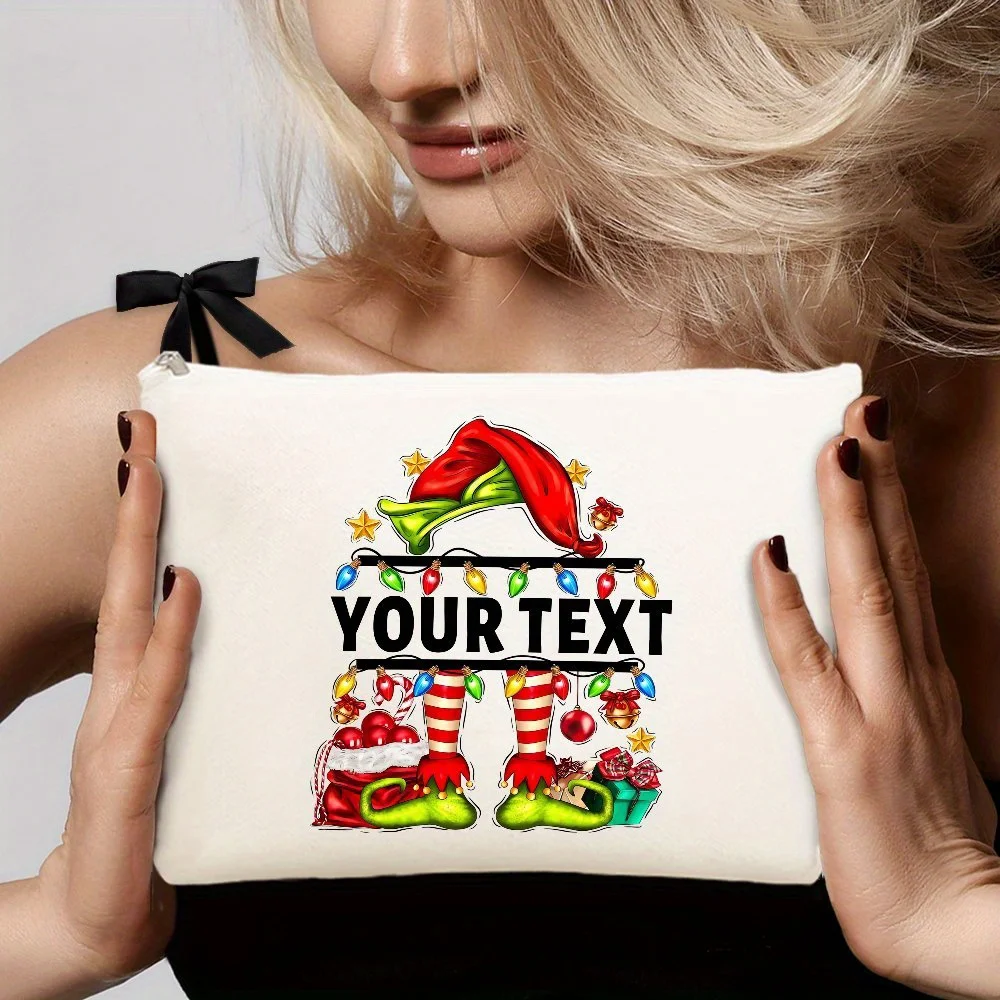 Custom Text Christmas Elf Legs Colorful Lights Gift Ornaments Personalized Cosmetic Bag Portable Travel Makeup Pouch Xmas Gift