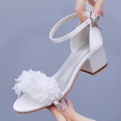 Style High Heels Sexy Women Pumps Sandals Open Toe Flower Wedding Silk 5CM Square Heels One Character Strip Woman Shoe