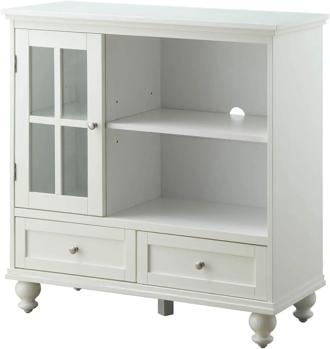 Tahoe Highboy TV Stand White 2 Open Shelves Cabinet with Tempered Glass Features Wood Legs Practical and Convenien