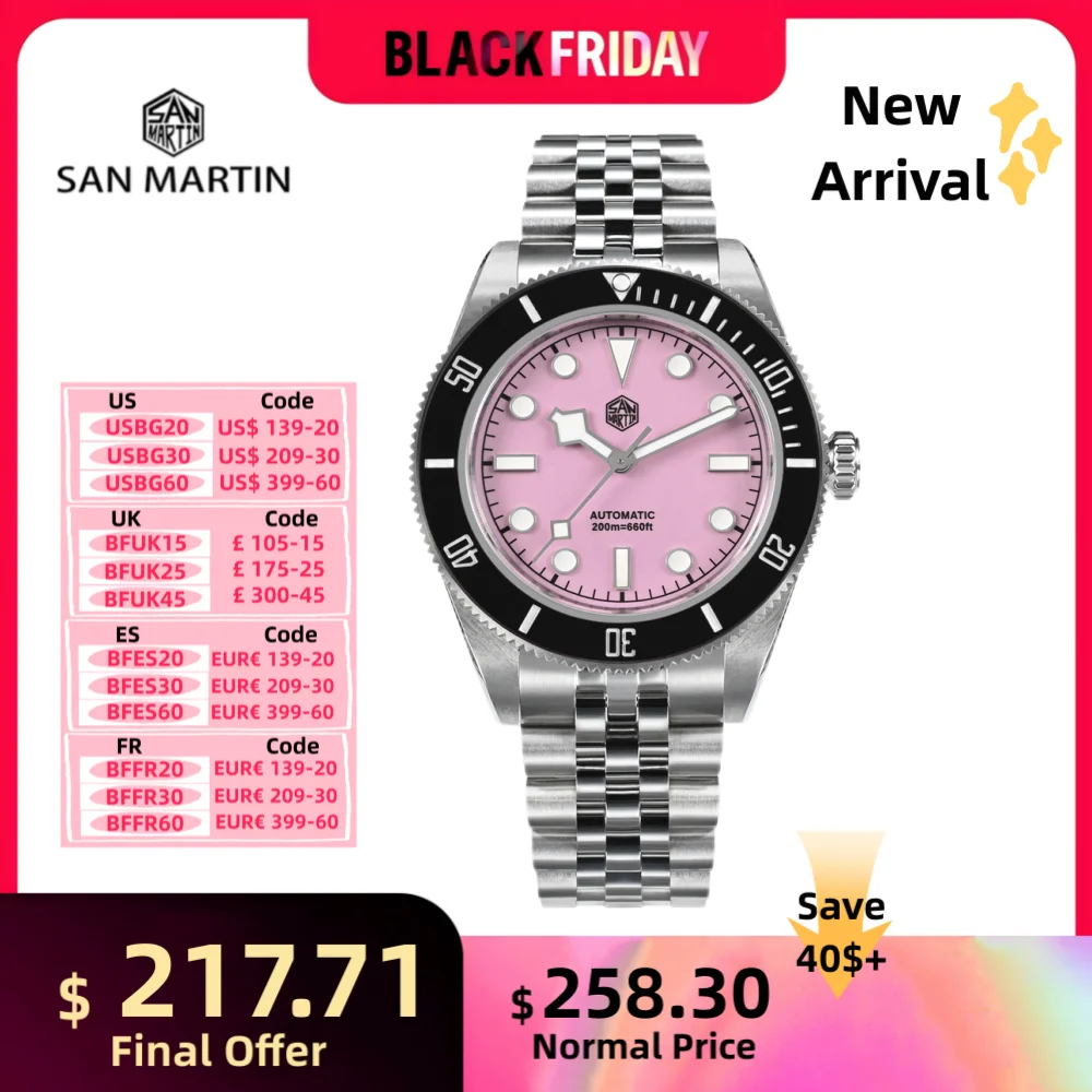 San Martin 40mm Enamel Pink Dial Men's Wrist Watch Diver Mechanical NH35 Jubilee Bracelet Sapphire Waterproof Self-Wind SN0128-4