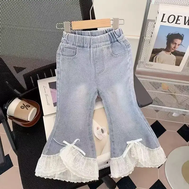 Girls Suit Spring and Autumn New Childrens Clothing Girls Baby Fashion Lovely Lace Top Jeans Two Sets Casual Simple 4