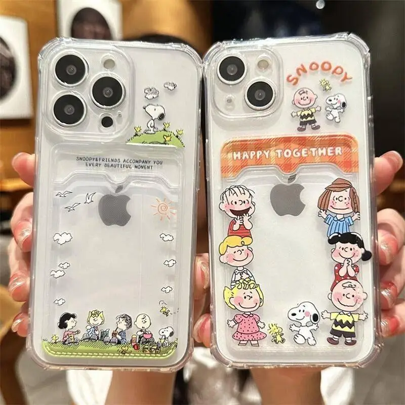 귀여운 스누피 애니메이션 만화 카드 슬롯 가방 홀더 케이스 삼성 갤럭시 S24 울트라 S22 S23 플러스 S21 울트라 S23 S20 FE 클리어 커버