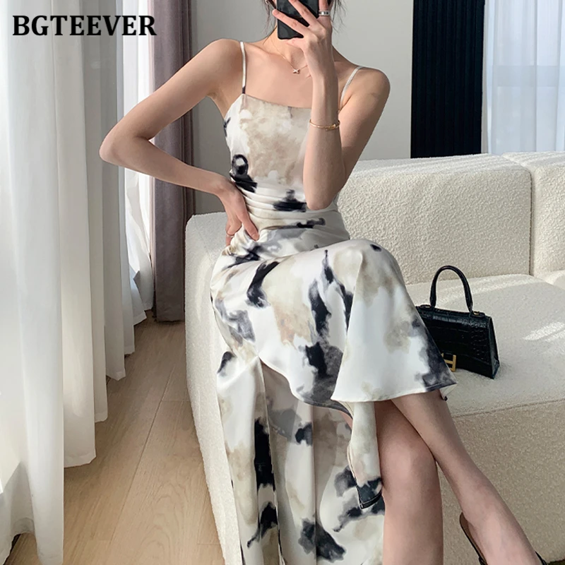 BGTEEVER Chic Summer Ladies Spaghetti Strap Side Split Printed Dress Elegant Slim Waist Female Sleeveless A-line Satin Dress