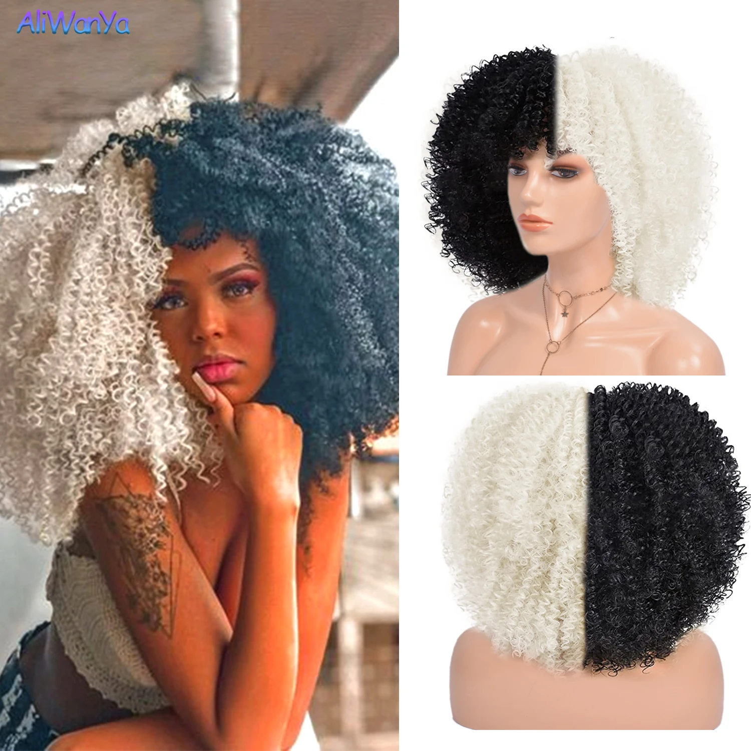 

Cosplay Wigs Short Afro Kinky Curly Wigs With Bangs For Women African Synthetic Ombre Glueless Wigs Heat Resistan Natural Hair