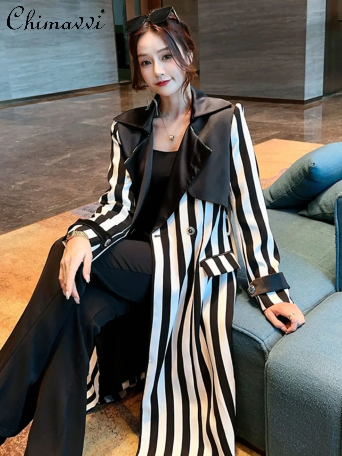 Fashion Striped Trench Coat Women's Autumn High-end Acetic Acid Satin Contrasting Color Long-sleeved Elegant OL Mid-length Coat