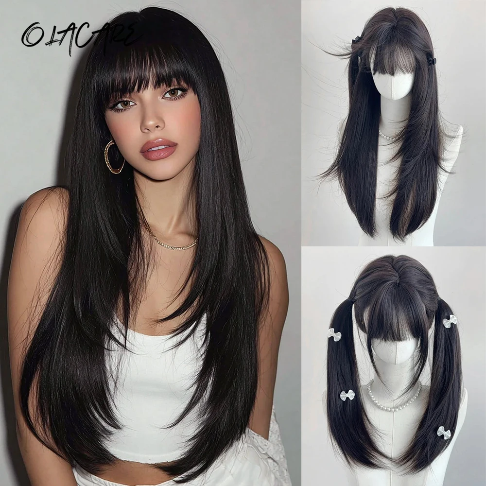 OLACARE Synthetic Long Layered Straight Blonde Blonde Bangs Wig Fiber Heat-Resistant Party Selfie Wig For Women Daily Use
