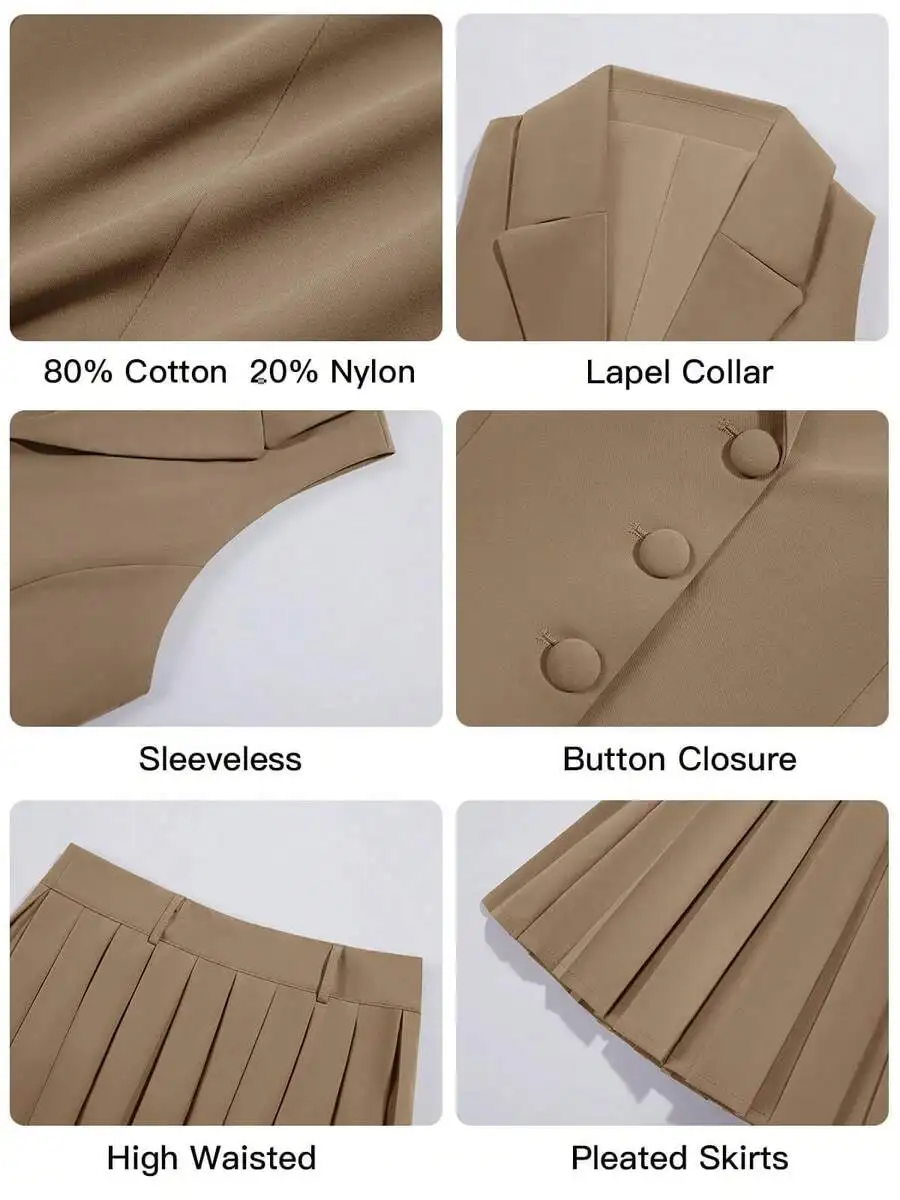 

Womens Summer 2 Piece Outfit V Neck Blazer Vest And High Waisted Pleated Mini Skirt