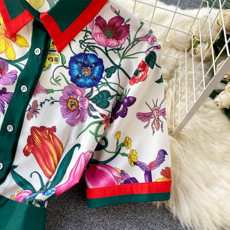 2021 Zomer Runway Designer Geplooide Jurk Vrouwen Korte Mouw Kraag Overlay Bloem Print Slim Party Midi Jurken N78610