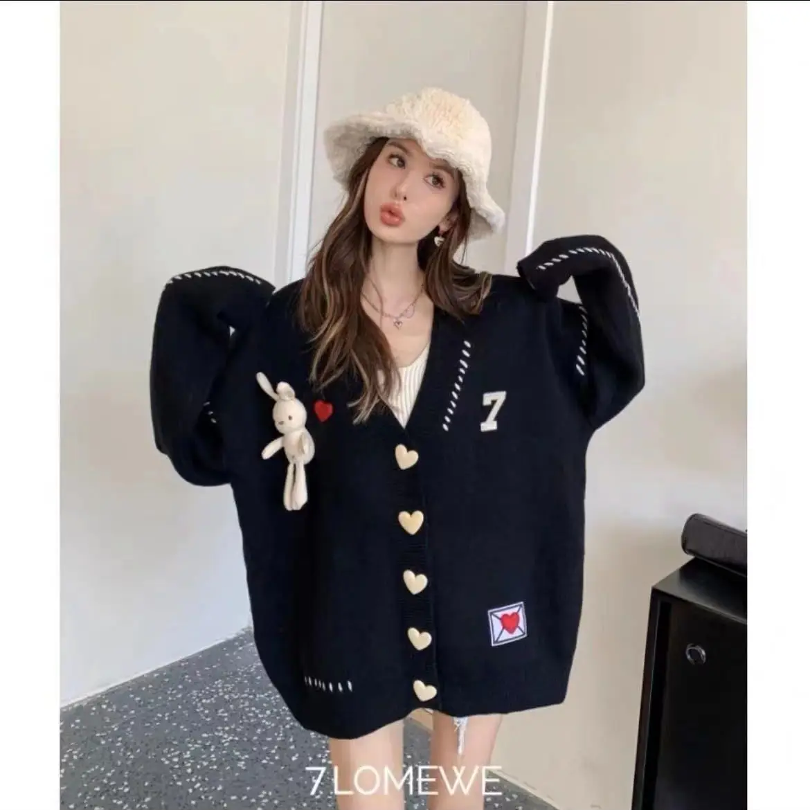 Korean Women V-neck Love Button Rabbit Pendant Sweater Coat 2023 Autumn Winter Loose Casual Gentle Style Female Knitted Cardigan