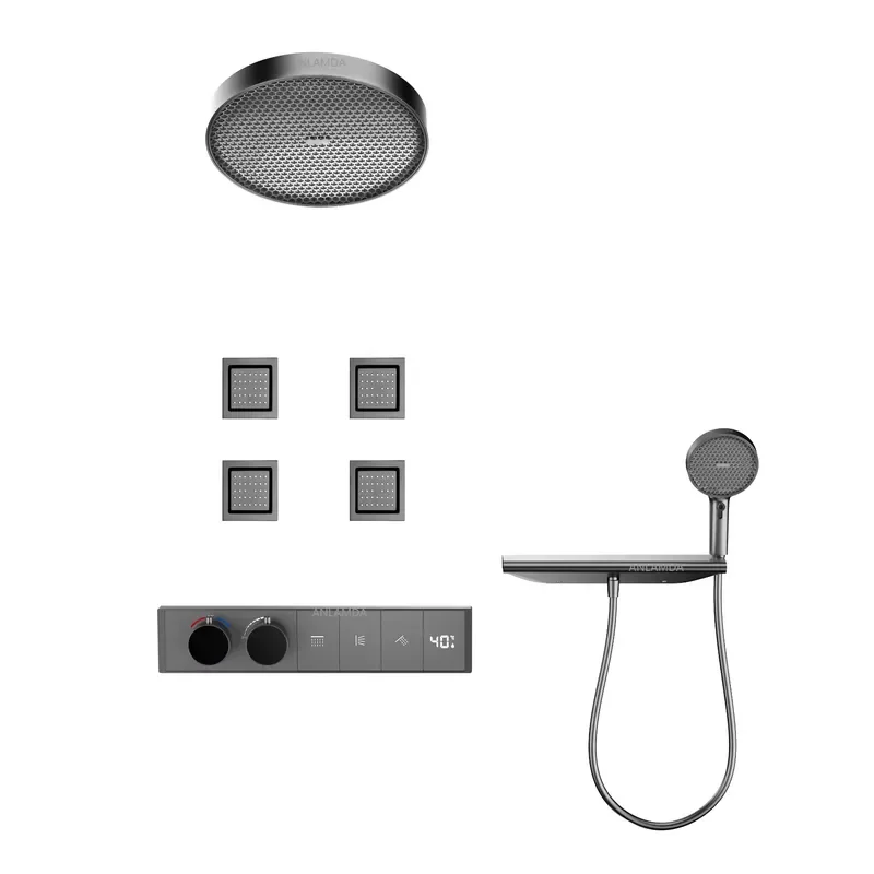 2025 Gray Matte Black Concealed Wall Mounted 3 Way Outlet Digital Display Rain Shower System Set with Body Jets