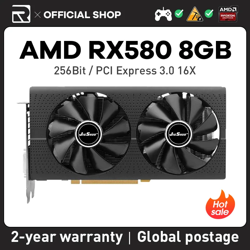 

JIESHUO Video card AMD RX 580 8GB 2048SP Gaming graphics card GDDR5 256bit GPU rx580 8g graphics card Desktop Video Office 580Rx