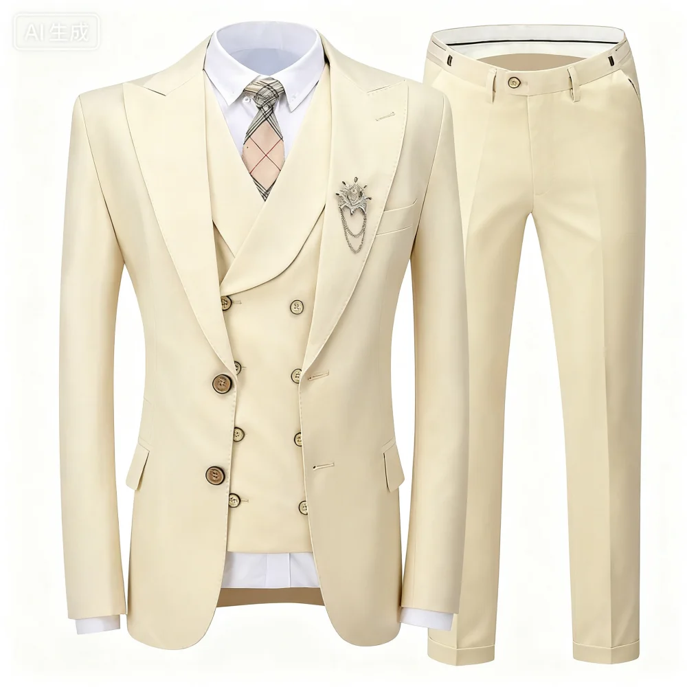 Setelan Jas Tuxedo Pria Tiga Potong Warna Pink Muda yang Dapat Disesuaikan dengan Kerah Lancip, Saku Dada Unik, Jaket, Celana, dan Rompi untuk Pakaian Formal