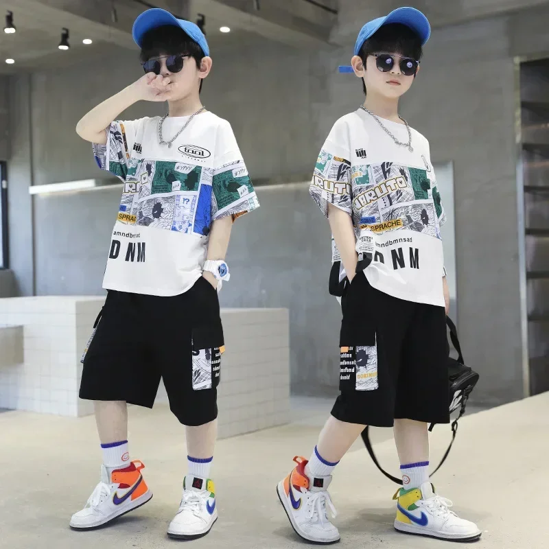 Summer Boys Cotton Alphabet Picture Printed T-Shirt Tops+Shorts School Kids Tracksuit Children 2PCS Outfit Workout Set 3-16 Yr