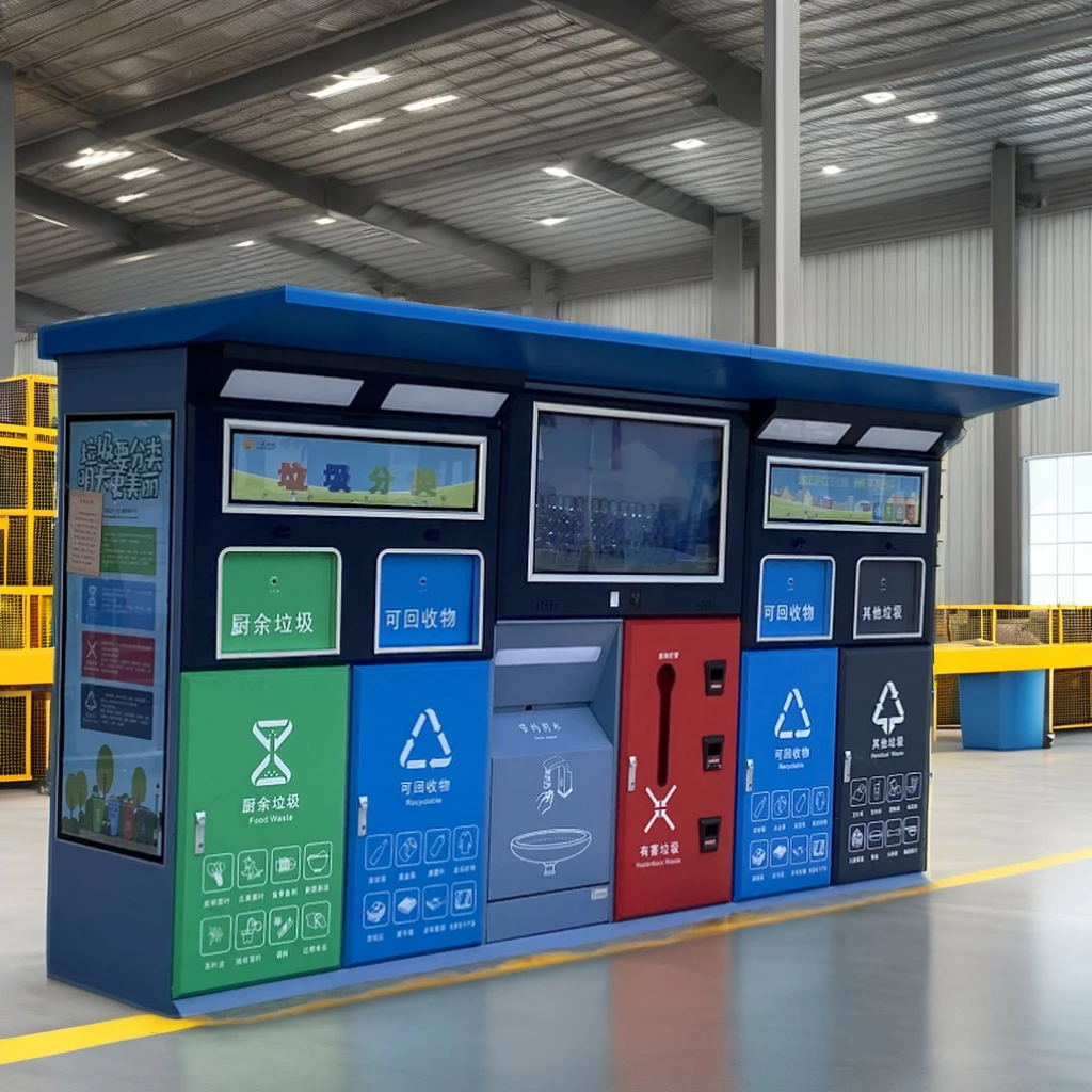 Contenedor de clasificación de residuos inteligente de cuatro tipos, caja de reciclaje inteligente de hoja galvanizada de gran capacidad para exteriores con Sensor para estación de autobuses