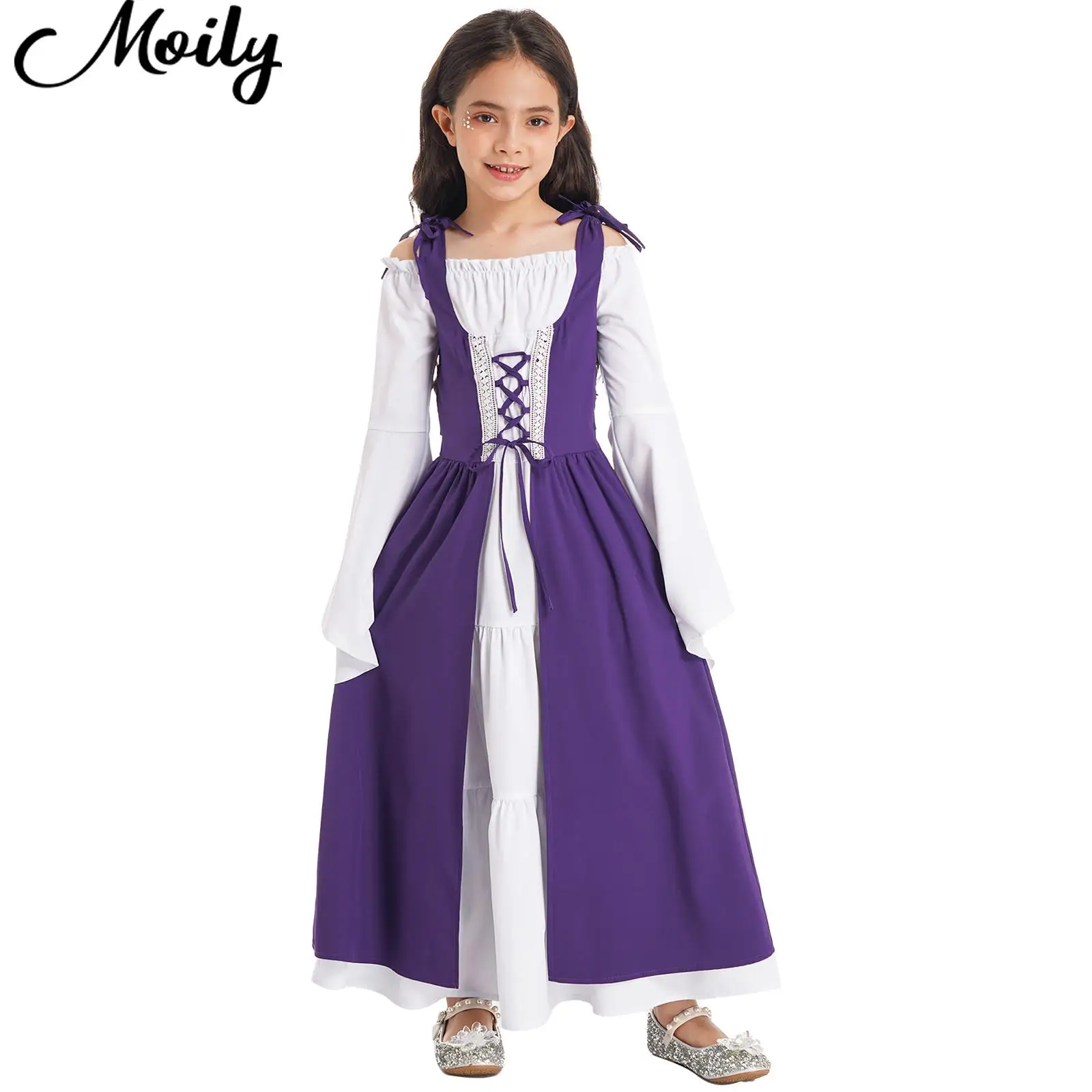 Kids Girls Medieval Renaissance Style Dress Up Costumes Square Neck Long Flare Sleeve Adjustable Lace-up Party Gown Dress