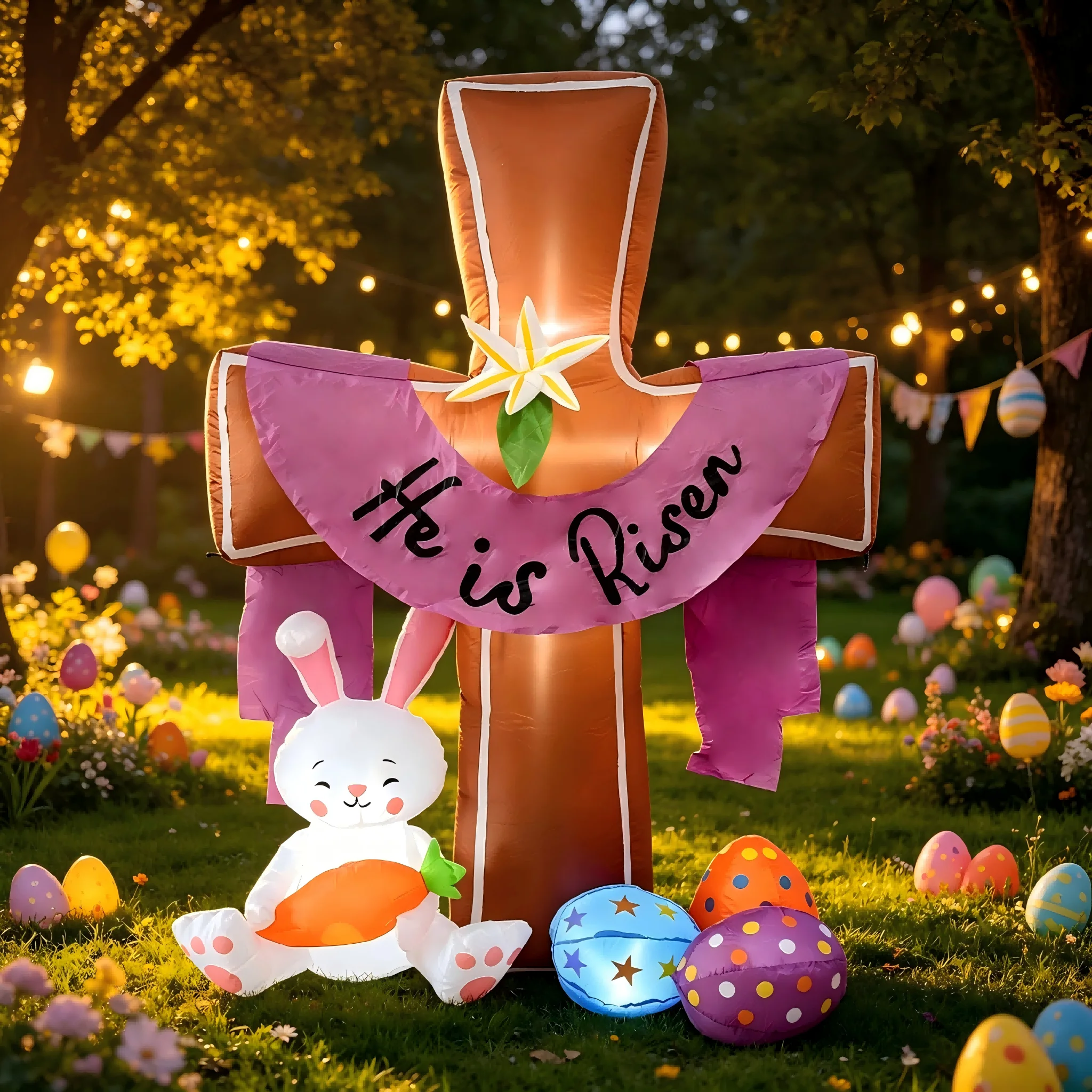 6FT He Is Risen Easter Decor Cross Inflatable, Easter Blow Up Yard Decorations with Built-in LED Lights, Lighted Rabbits & Eggs, Easter Inflatables Outdoor Decorations for Front Yard, Porch, Lawn and Easter Party Decor