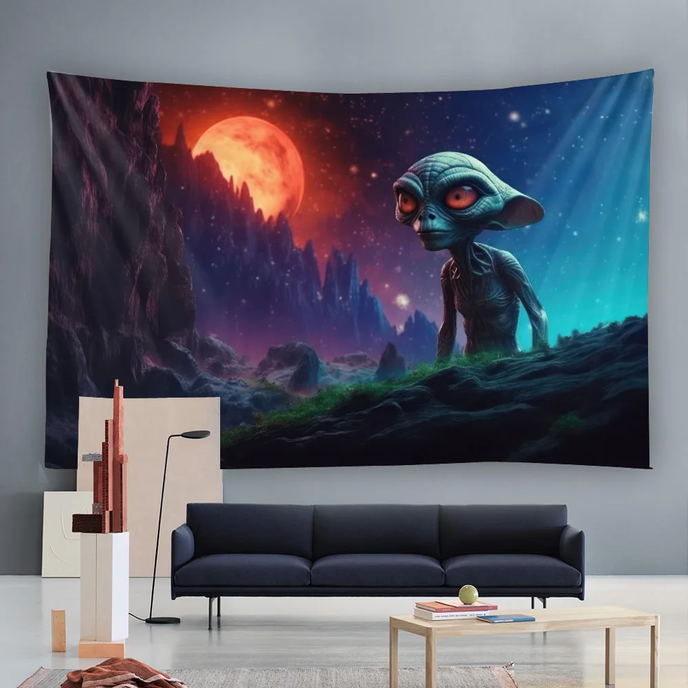 Psychedelic Anime Tapestry with Dinosaurs And Armored Warriors Mysterious Scene Wall Hanging for Party Background Decoration