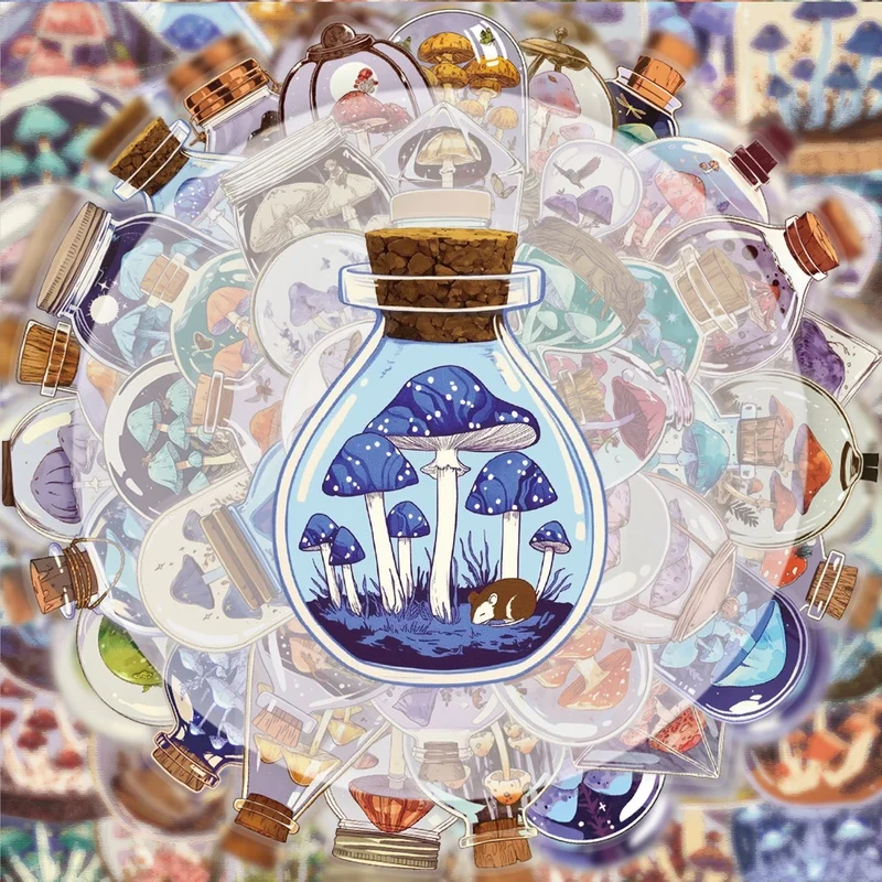 50 transparente Retro-Pilzflaschen-Graffiti-Aufkleber, lebendige Aufkleber, geeignet zum Dekorieren von Wasserflaschen, Laptops, Mobiltelefonen, Koffern, Skateboards, Gitarren, Geschenkboxen,