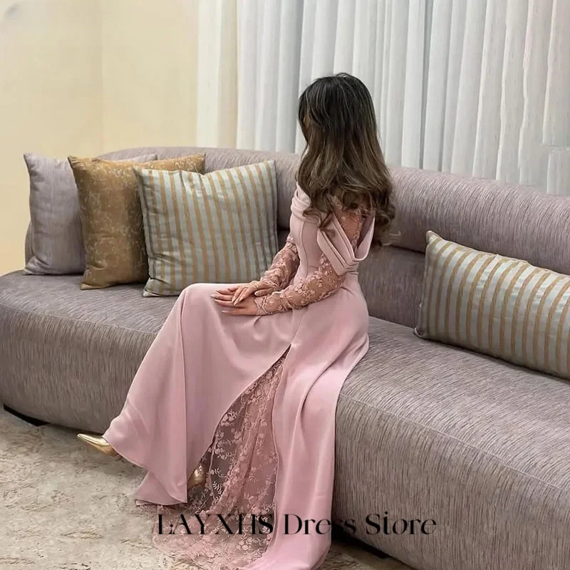 

LAYXHS Элегантные вечерние платья розового цвета с открытыми плечами Кружева с длинными рукавами А-силуэта Плиссированные платья для выпускного вечера Вечерние платья по индивидуальному заказу