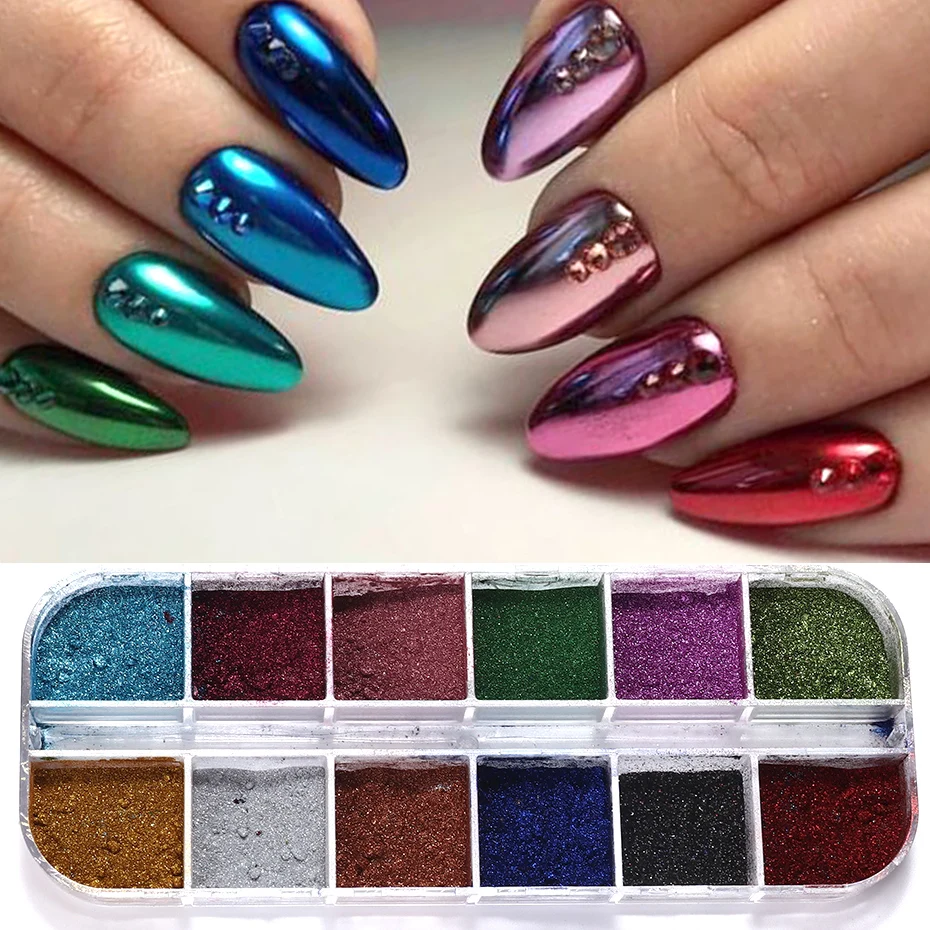 12 kolorów Metaliczny proszek do paznokci Pigment holograficzny Lustro Metalowe drobne wcieranie na paznokcie Pył Brokat UV Żel Polski Ozdoba do paznokci