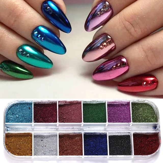 12 kolorów Metaliczny proszek do paznokci Pigment holograficzny Lustro Metalowe drobne wcieranie na paznokcie Pył Brokat UV Żel Polski Ozdoba do paznokci