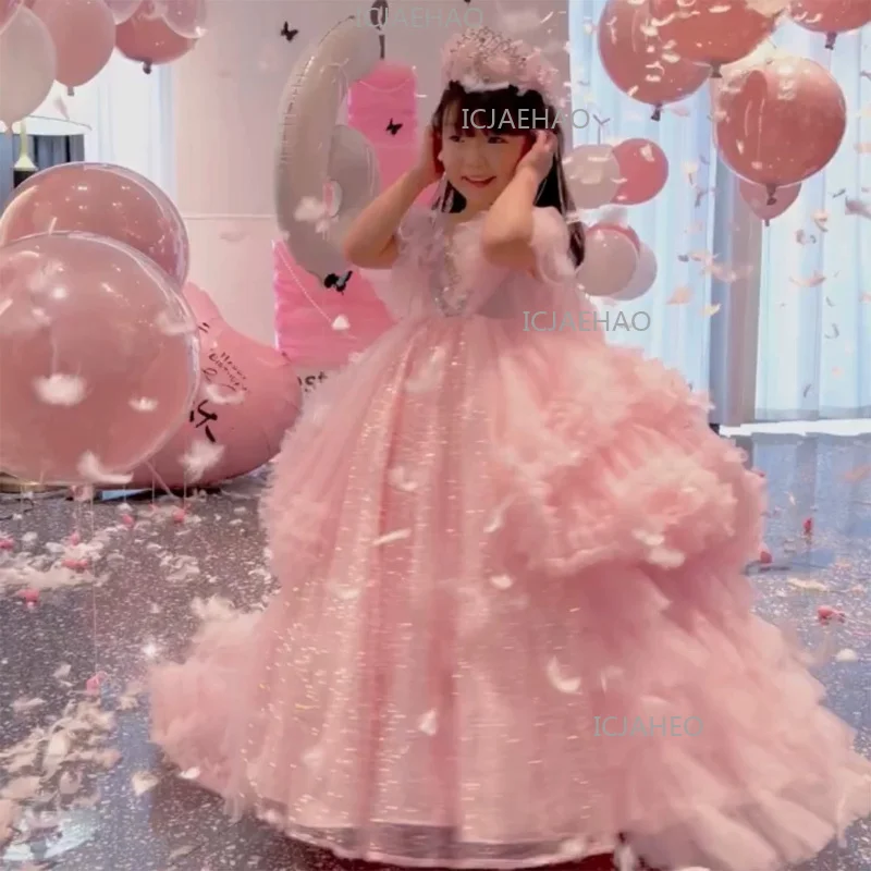2026 Children Pink Birthday Party Princess Elegant Fashion Tutu Girls Sweep Train Dress Kids Host Model Performance Gown Clothes
