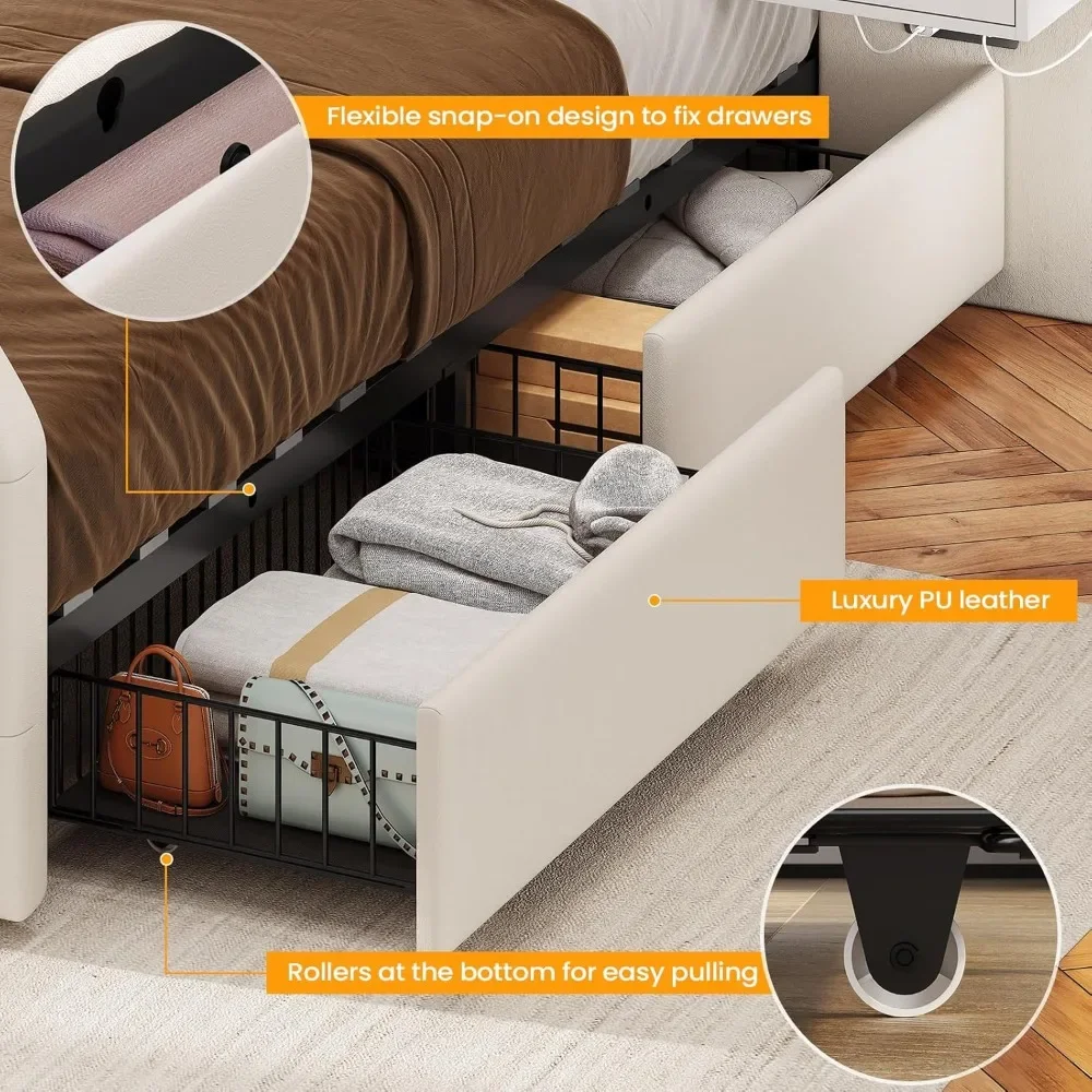 Queen Bed Frame with Headboard and 4 Storage Drawers, Leather Upholstery, Charging Station and LED, 2 Bedside Tables, Bed Frame. image 6