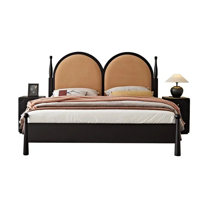 Cama retro americana de madera maciza, dormitorio principal negro, respaldo alto, bolsa suave