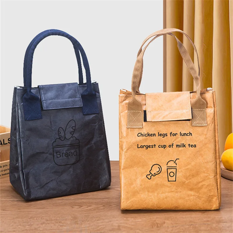 Waterproof  Kraft Paper Thermal Lunch Bags Large Capacity Foldable Food Insulation Container Portable Bento Box Cooler Pouch