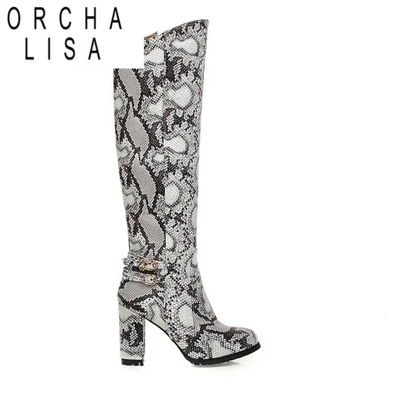 

ORCHA LISA Женские сапоги до колена с круглым носком и узором на высоком каблуке, на толстом каблуке с боковым принтом, большой размер 34–43