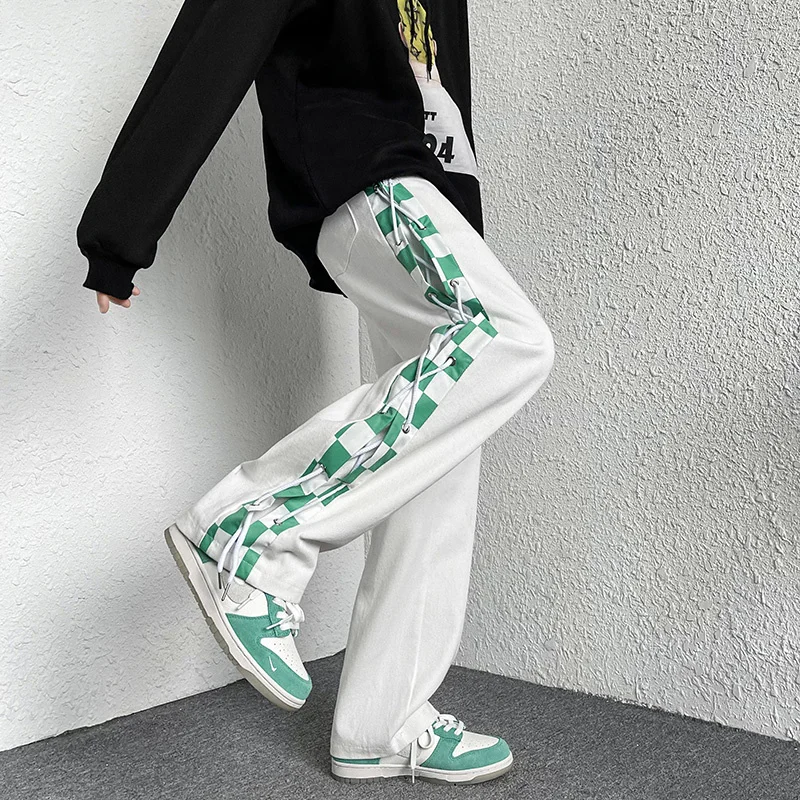 Checkerboard Drawstring Casual Pants Men Straight Loose Hip Hop Fashion Patckwork Streetwear Male All-match Trousers