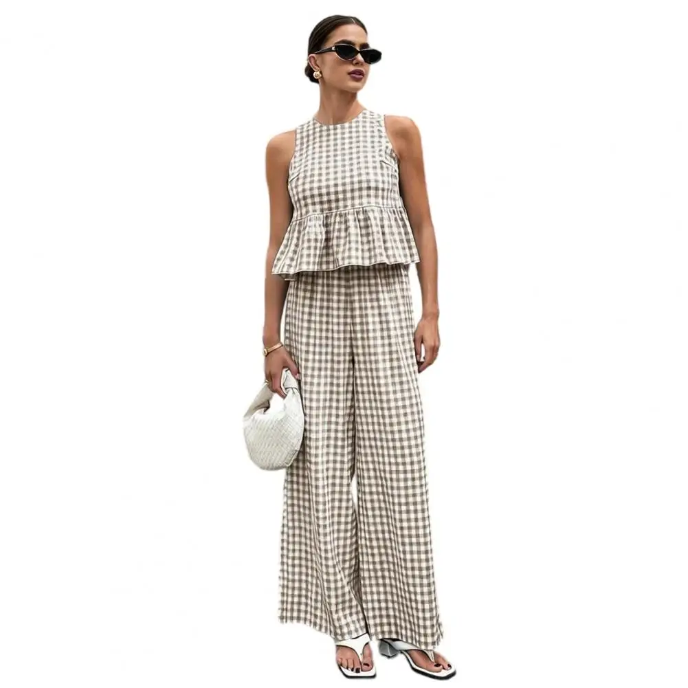 Women Casual Tank Top Pants 2 Pieces Set Summer Breathable  Plaid Sleeveless Ruffle T-shirt Elastic Waist Wide Legs Trousers