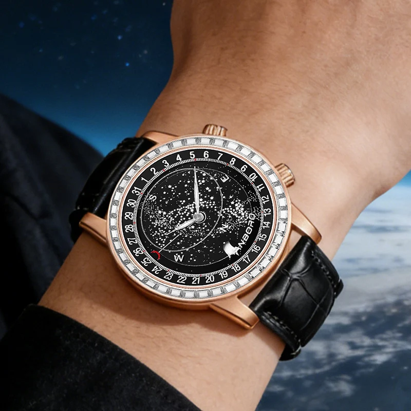 HANBORO Men Automatic Watch 43mm Mechanical Wristwatch Waterproof Rotatable Starry Sky Second Dial, Moon Display Hangzhou 5100