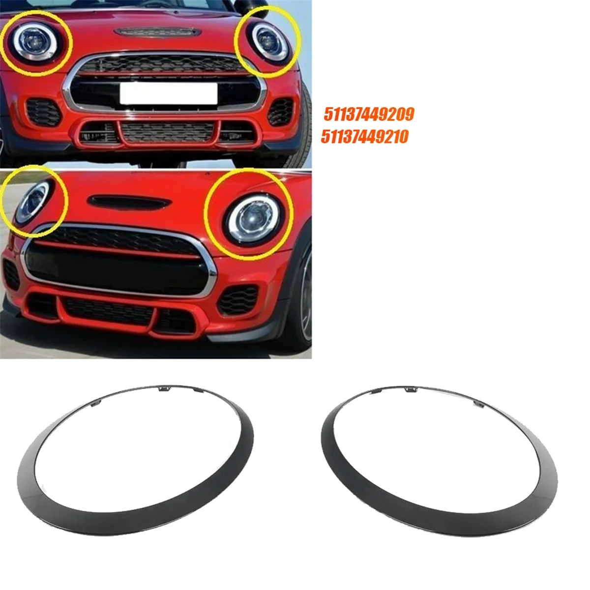 1Pair Front Headlight Trim Ring 51137449209 51137449210 for Mini Cooper F55 F56 F57 2015-2017 Black Chrome Bezel Decor