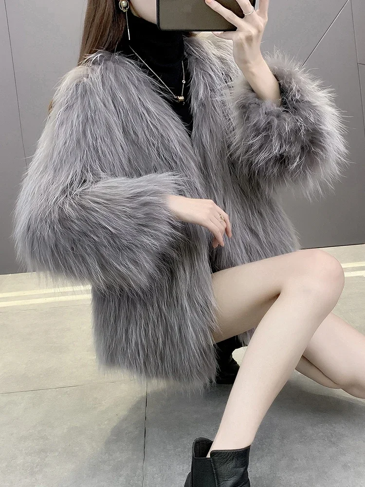 

Fox Fur Coat Raccoon Double-sided Braided Jackets for Women Short Long Sleeve Knitted Thick Warm High Street Women's Clothing1Pc