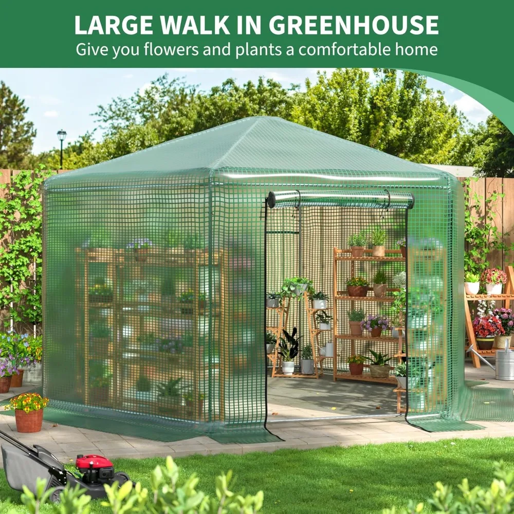 13.4x13.4x8.8 FT Walk-in Greenhouse, Heavy-Duty Metal Frame Greenhouse,180g Double Layer PE Cover