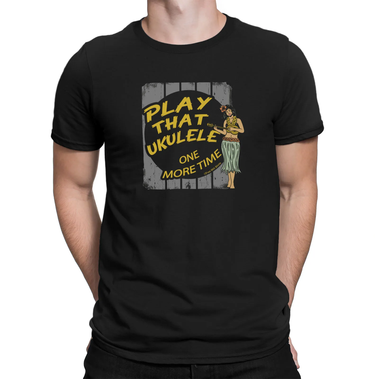 

Mens Quality Cotton T-Shirt PLAY THAT UKULELE ONE MORE Lute Instrument Music