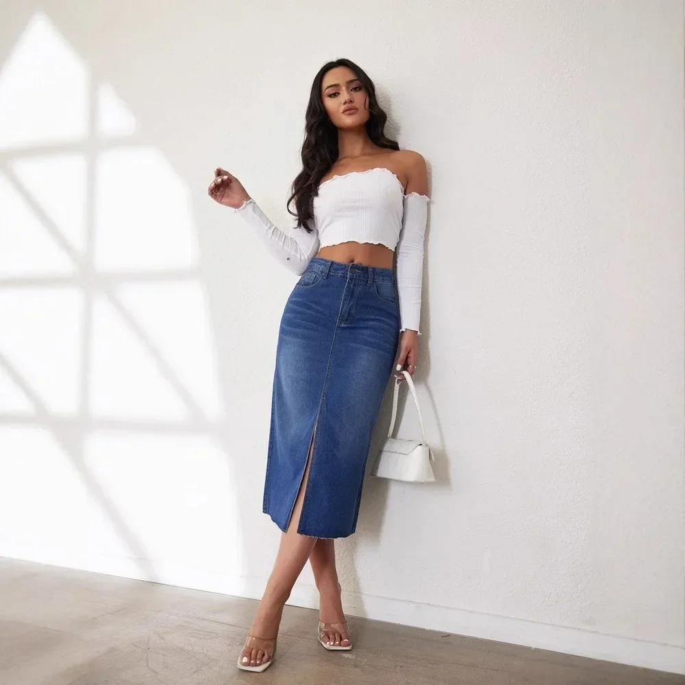 Women  Denim Midi Skirt Split Hem Medium Length Casual Streetwear Bottoms Soft Breathable Flattering Daily Party Comfy New