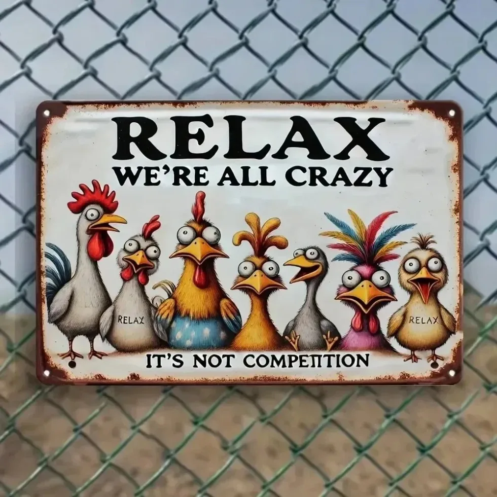Unrivaled ''Relax & Enjoy Life'' Sign | Colorful Chicken Wall Decor, Weatherproof Iron, All Places Suitable