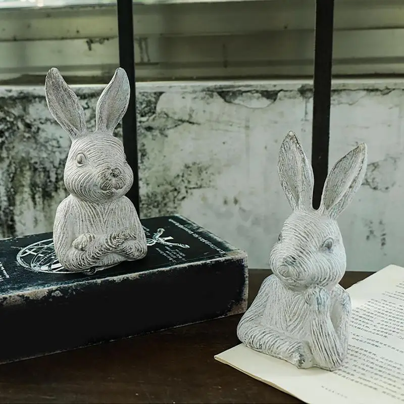 Bunny Desktop Ornaments Desktop Ornaments Resin Miniature Figurine Statues Rustic Home Decor Creative Animal Sculpture For