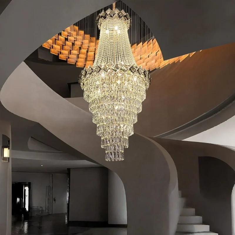 Villa Duplex Building Led Crystal Chandelier Luxurious Cantilevered Spiral Staircase Light European Style Lustre Light Fixture
